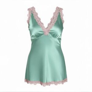 Mint Green Satin Chemise with Lace Trim